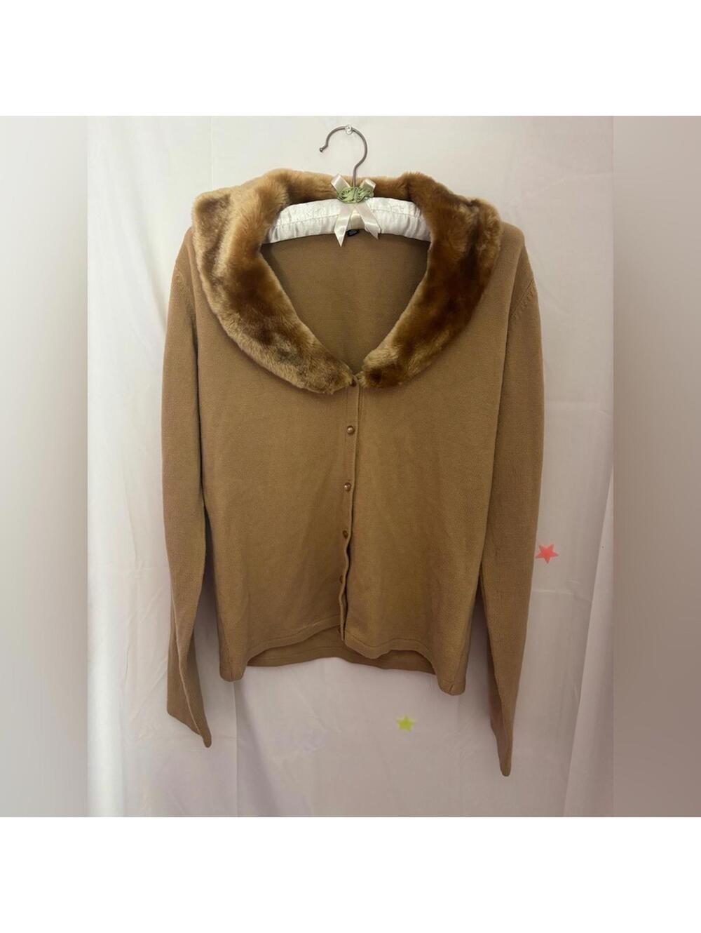 Camel Cardigan Sweater Indie Sleeze Mcbling Boho Faux Fur Collar Size S